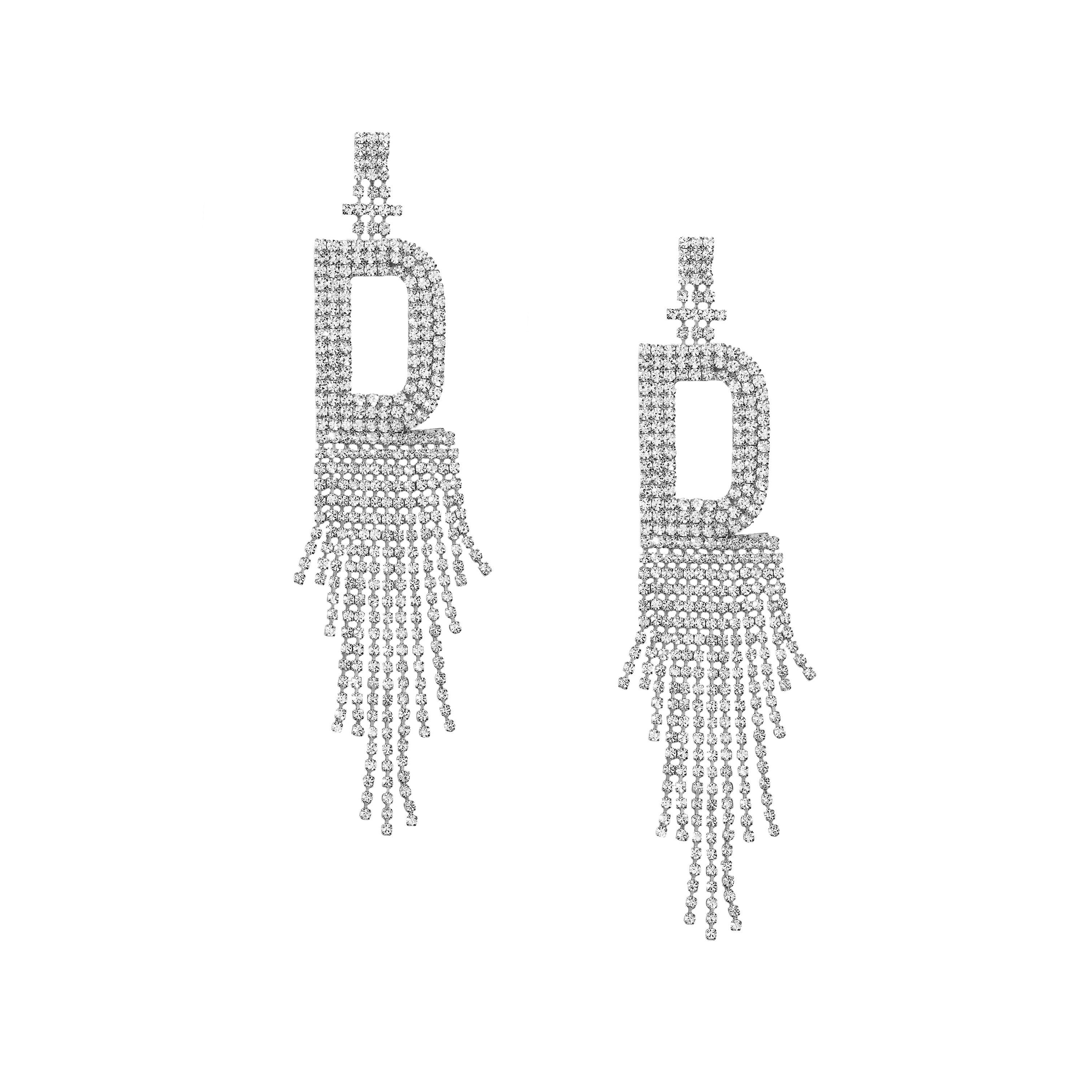 Fringe Initial CZ Drop Pierced Earrings  White Gold Plated