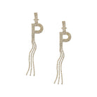 Fringe Initial CZ Drop Pierced Earrings  Yellow Gold Plated