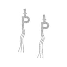 Fringe Initial CZ Drop Pierced Earrings  White Gold Plated