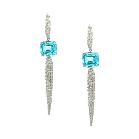 Aqua & Crystal Drop Pierced Earrings  White Gold Plated Over Silver Cubic Zirconia 3.40" Length X 0.55" Width