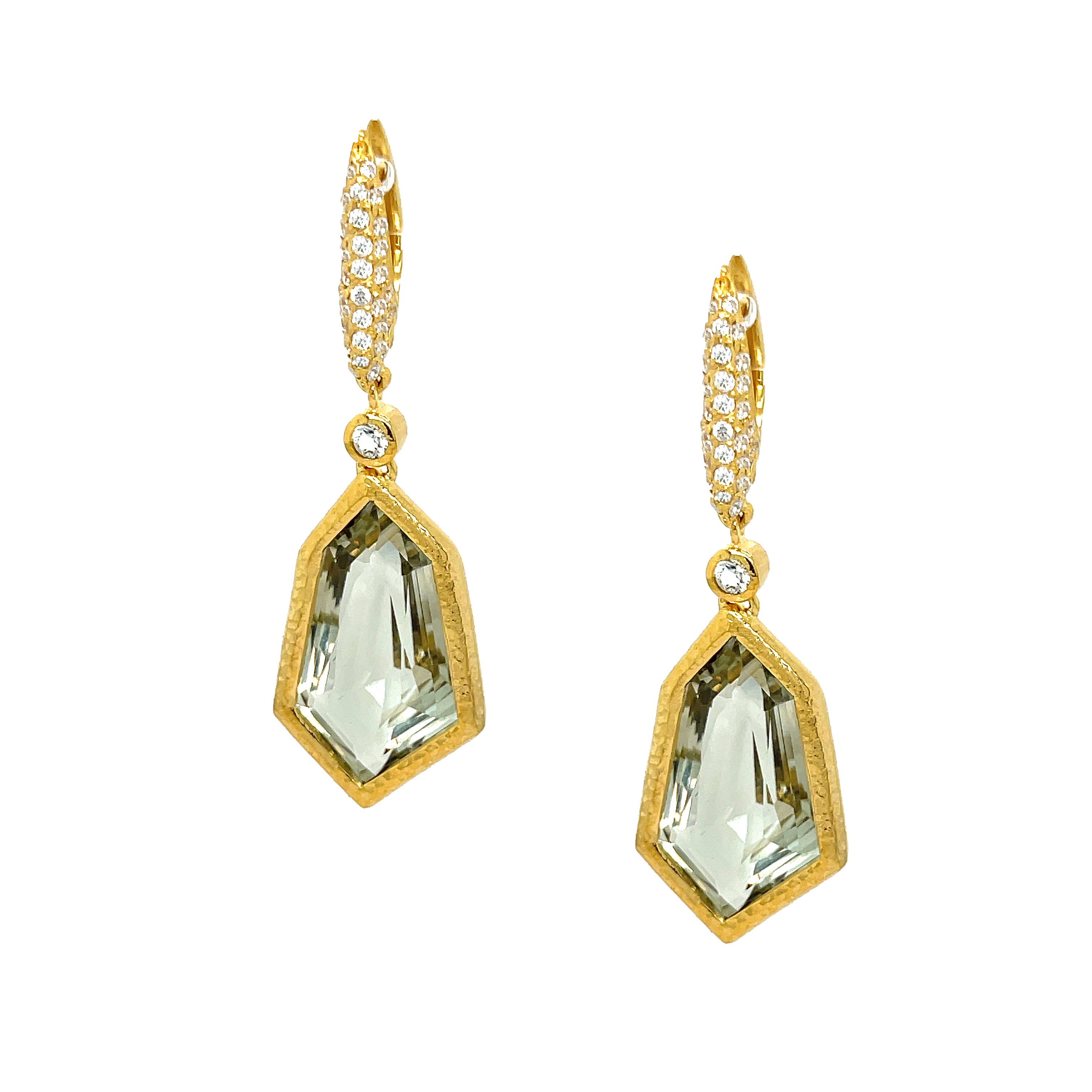 CZ & Green Amethyst Drop Earrings  Yellow Gold Plated 2.20" Long X 0.70" Wide