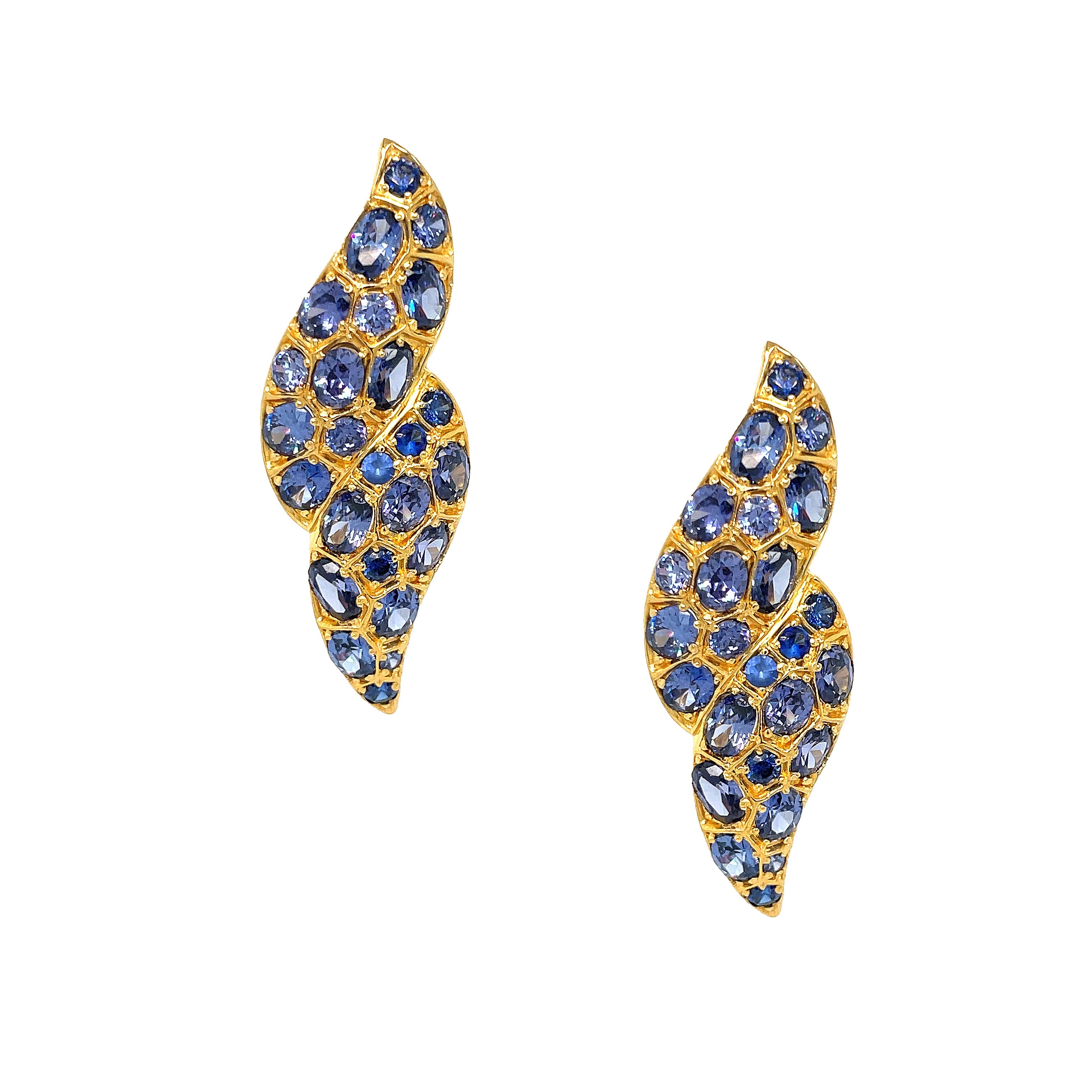 Tanzanite Cluster Double Curved Clip On Earrings  Yellow Gold Plated Over Silver 2" Long X 0.70" Wide