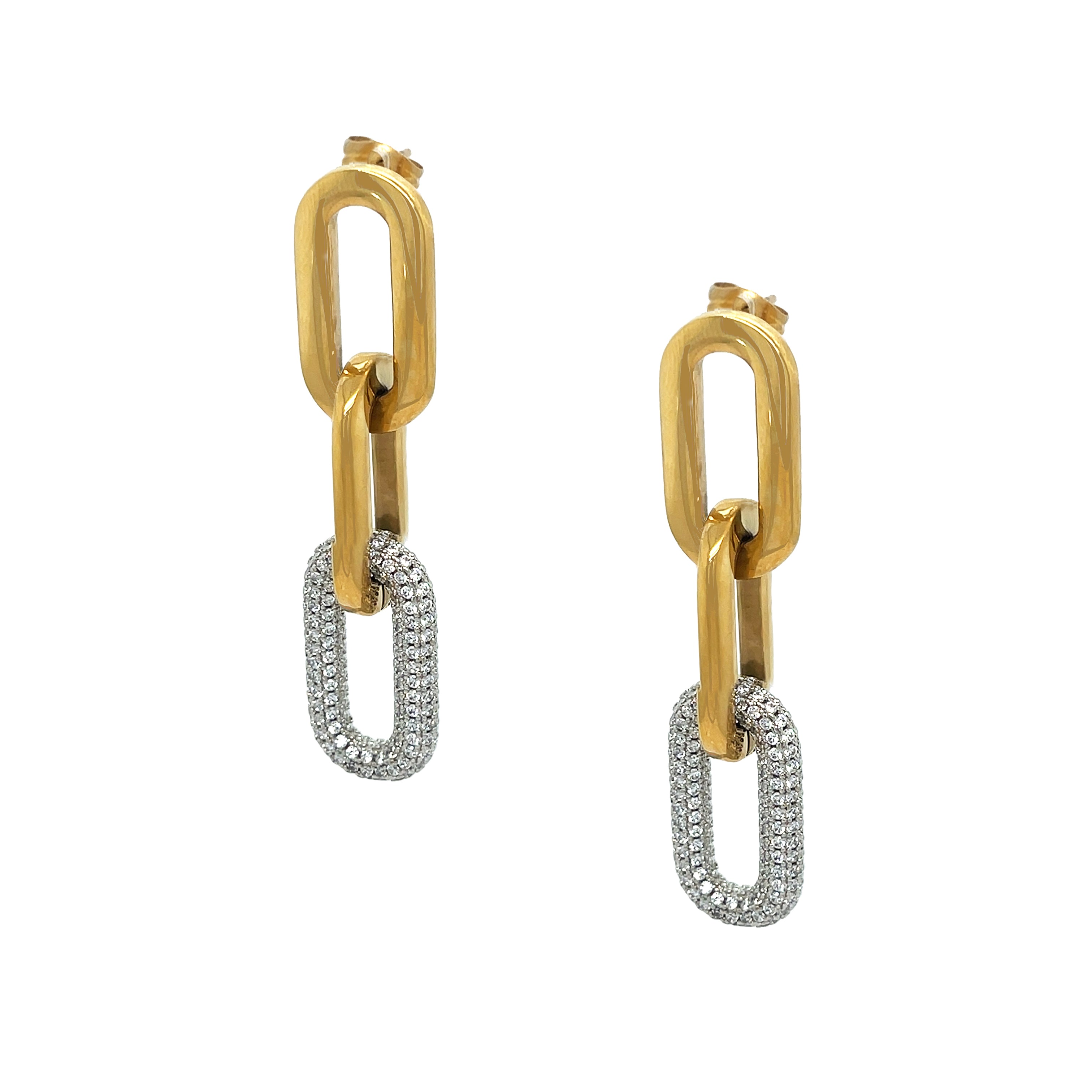 Pave CZ Link Pierced Earrings

Yellow &amp; White Gold Plated
2" Long

While supplies last. All Deals Of The Day sales are FINAL SALE.