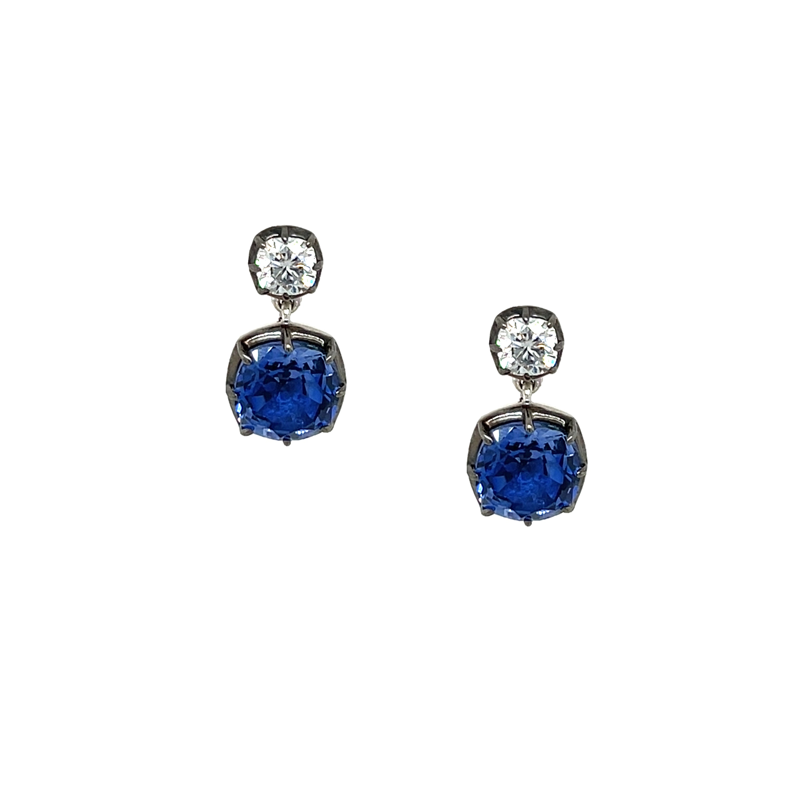 Blue Sapphire Double Drop Pierced Earrings

White &amp; Oxidized Plating Over Silver
0.58" Long X 0.32" Wide