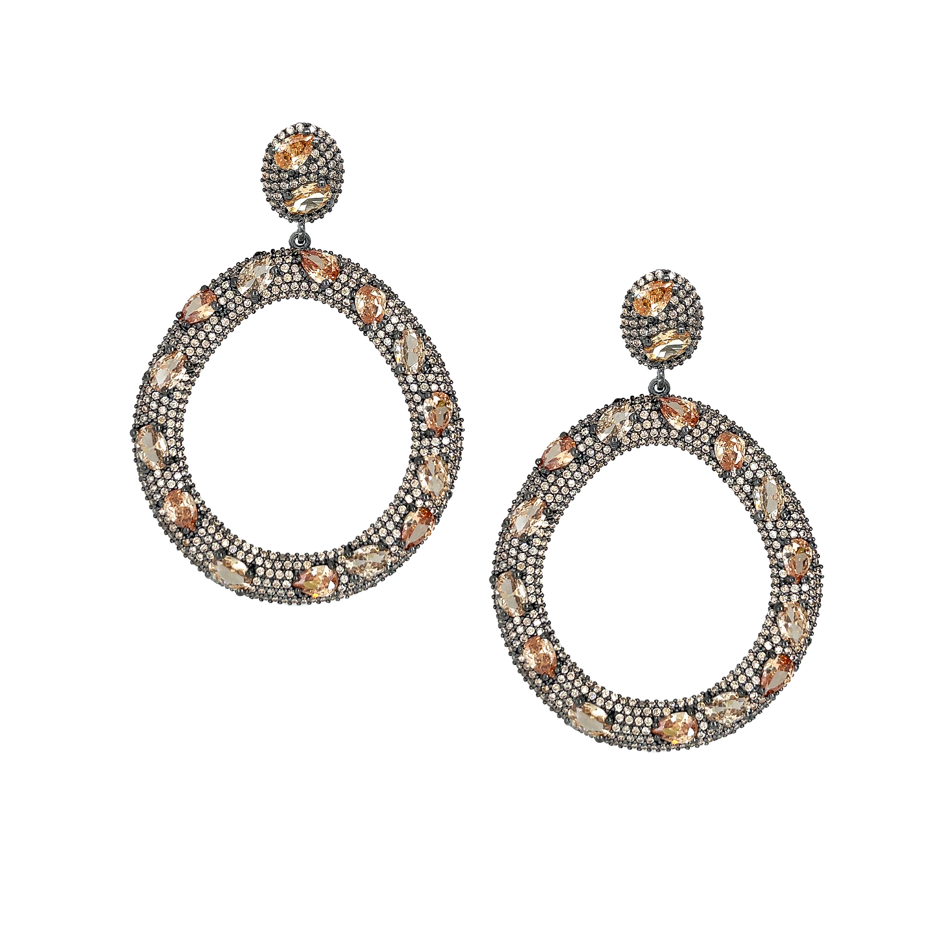 Champagne Stone Open Circle Pierced Earrings

Oxidized Plated Over Silver
2.50" Long X 1.75" Wide