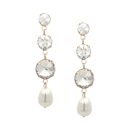 Crystal & Pearl Drop Pierced Earrings  Yellow Gold Plated  Cubic Zirconia 2.65" Length X 0.55" Width view 1
