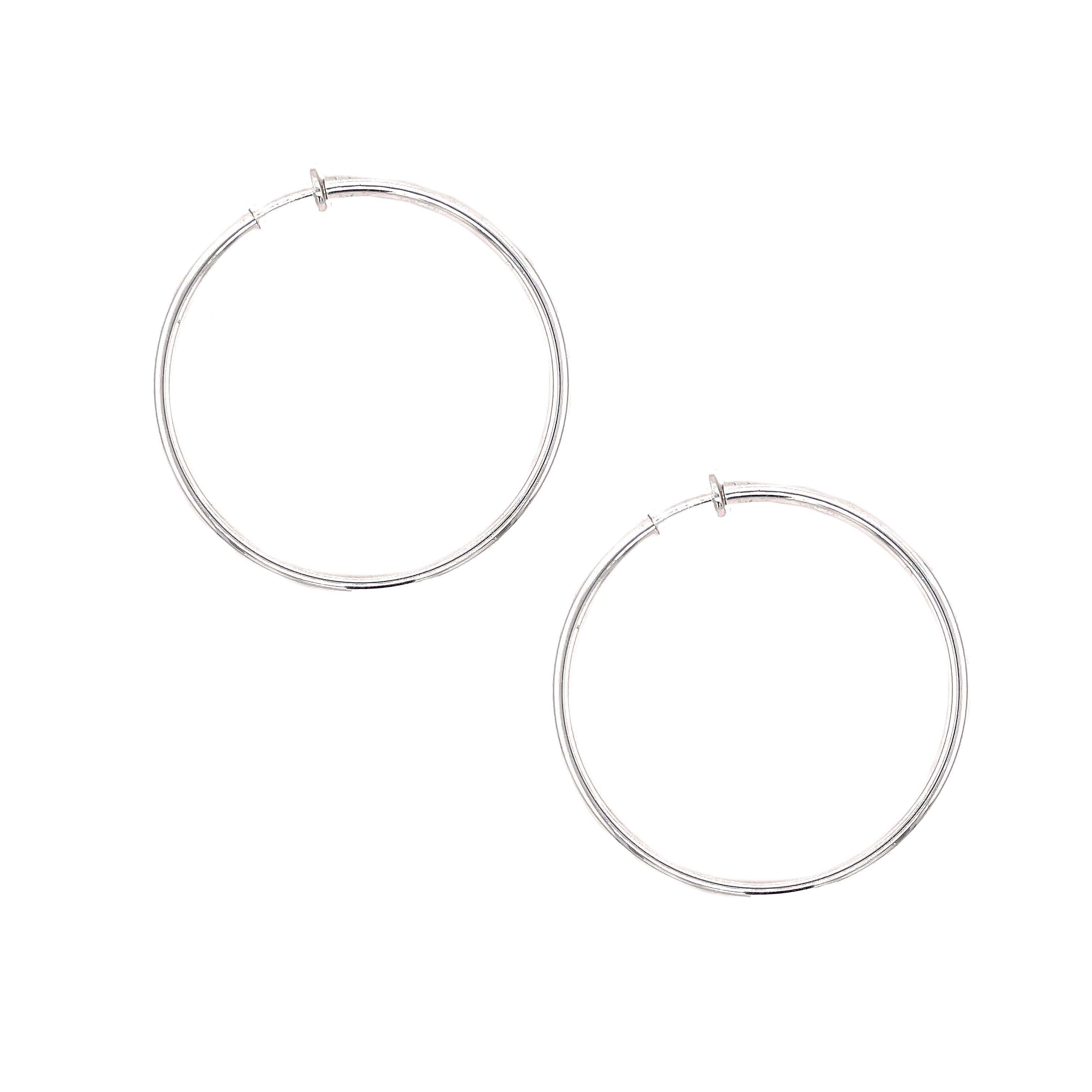 Large Clip On Hoop Earrings  White Gold Plated 2.25" Diameter 0.13" Width