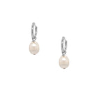 Pair of pearl earrings with silver hooks on a white background