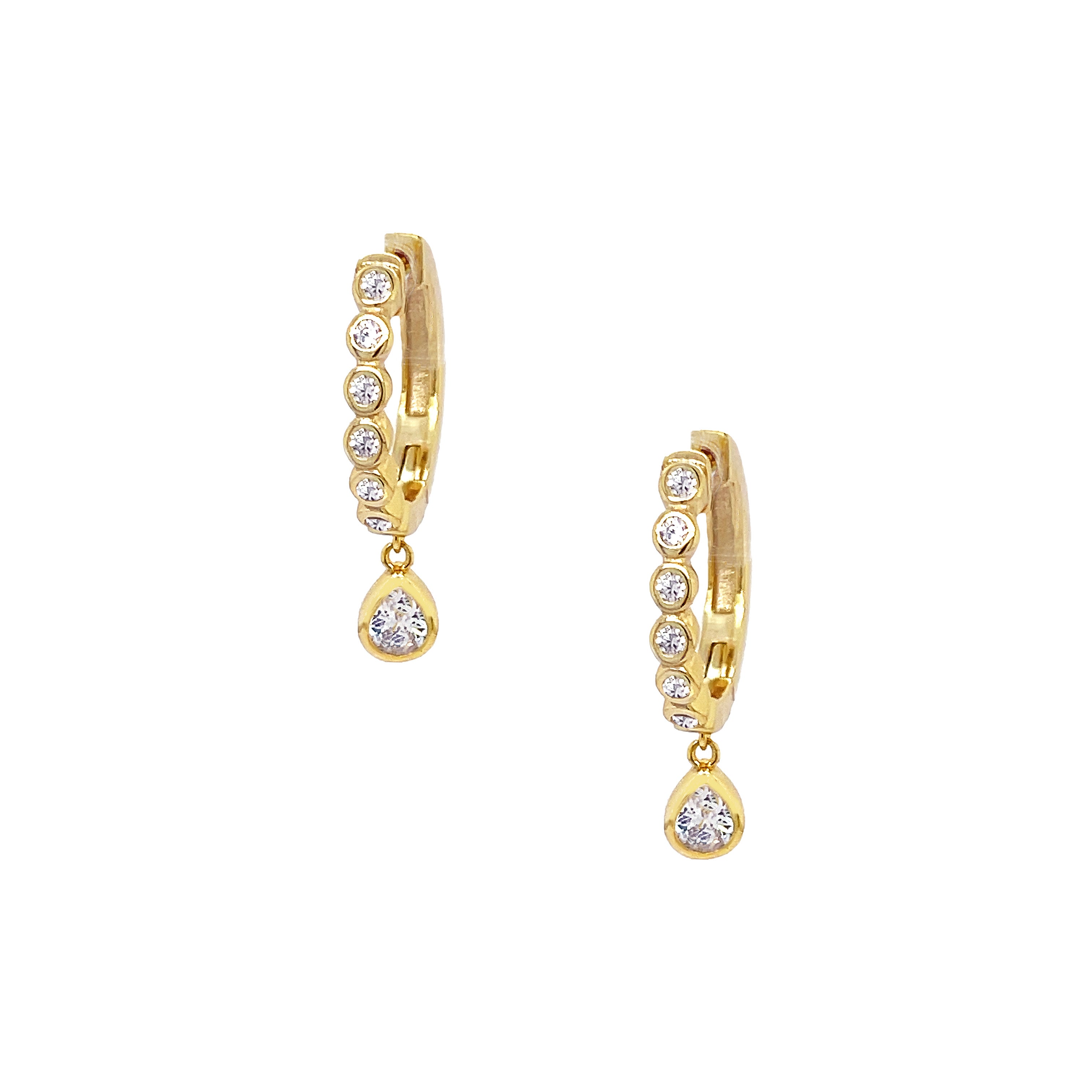 <p>CZ Bezel Drop Huggie Pierced Earrings</p> <ul> <li>Yellow Gold Plated Over Silver</li> <li>0.83" Long</li> <li>0.60" Diameter</li> </ul> <p>&nbsp;</p> <p><span style="color: #ff2a00;">While supplies last. All Deals Of The Day sales are FINAL SALE.</span></p>