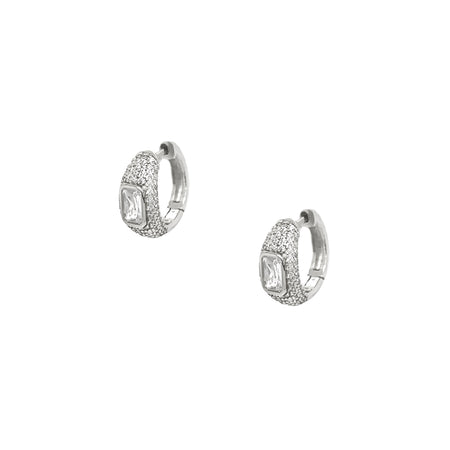 Pave Stone Huggie Earrings  White Gold Plated 0.52" Long X 0.23" Wide
