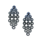 A pair of large, ornate dangle earrings with a textured, dark metallic finish, featuring an intricate openwork geometric pattern of linked rings and loops, shown on a plain white background.