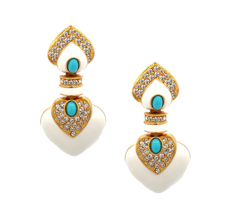 White & Turquoise CZ Drop Pierced Earrings  Yellow Gold Plated 2.16" Long X 1.05" Wide