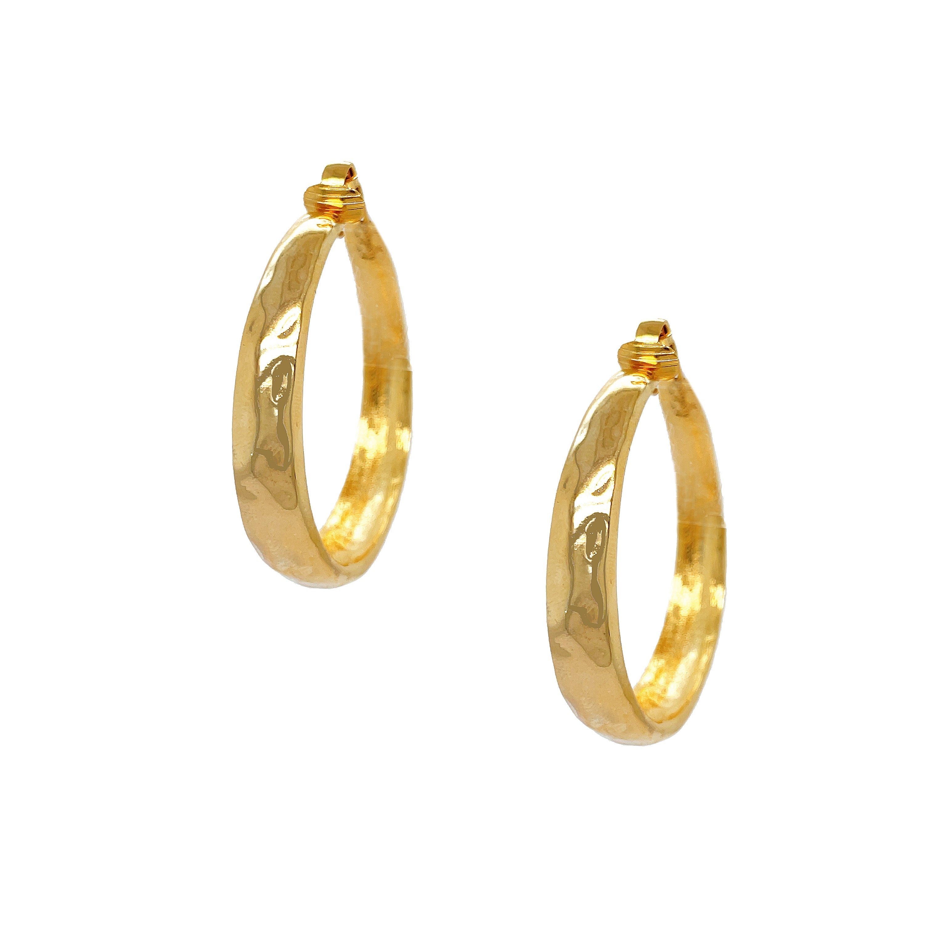 Hammered Hoop Clip On Earrings  Yellow Gold Plated 1.75" Long X 0.33" Wide