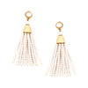 White Beaded Tassel Clip On Earrings  Yellow Gold Plated 4.0" Long X 0.85" Wide