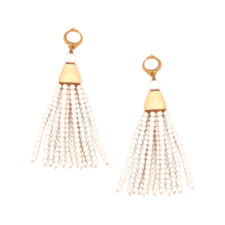 White Beaded Tassel Clip On Earrings  Yellow Gold Plated 4.0" Long X 0.85" Wide