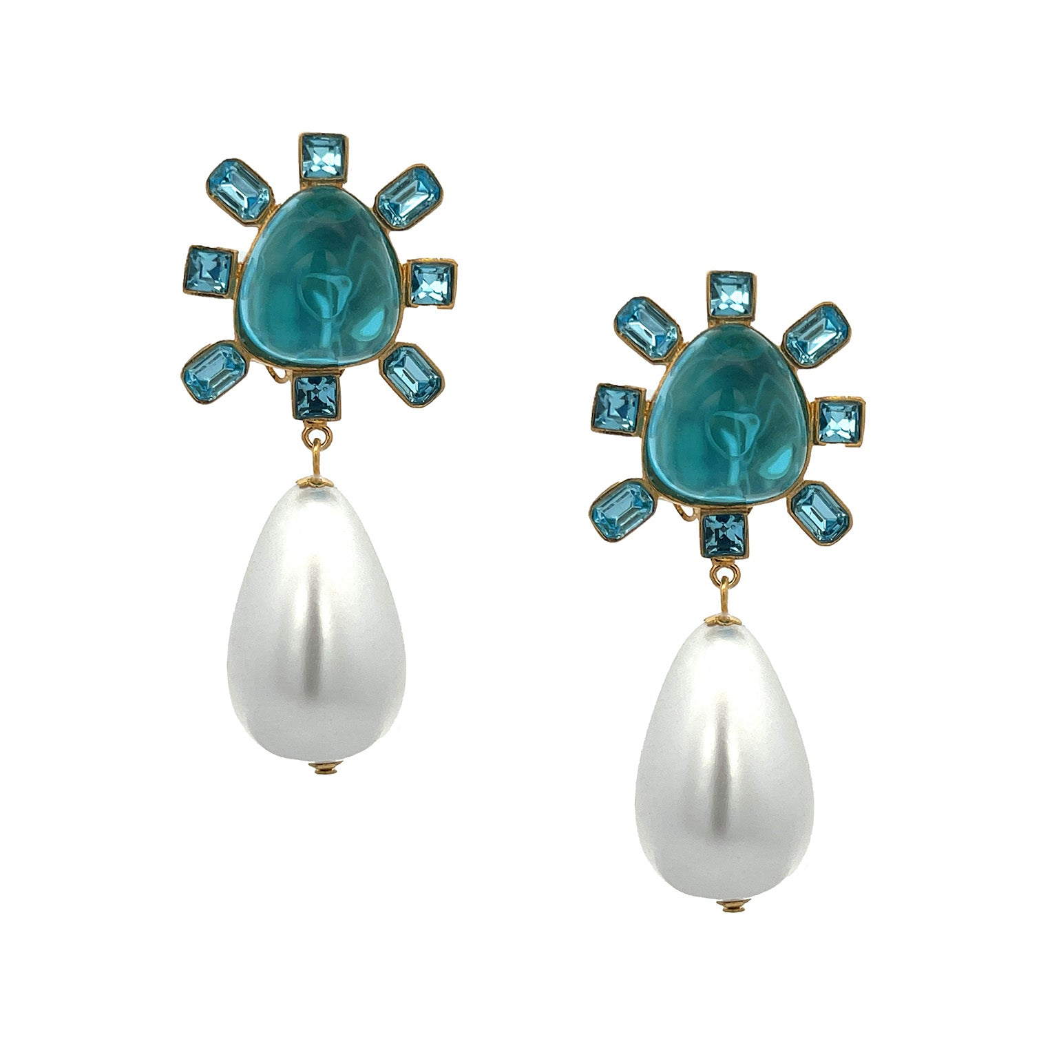  Aqua Pearl Drop Earrings   Yellow Gold Plated  2.50" Length X 1.09" Width