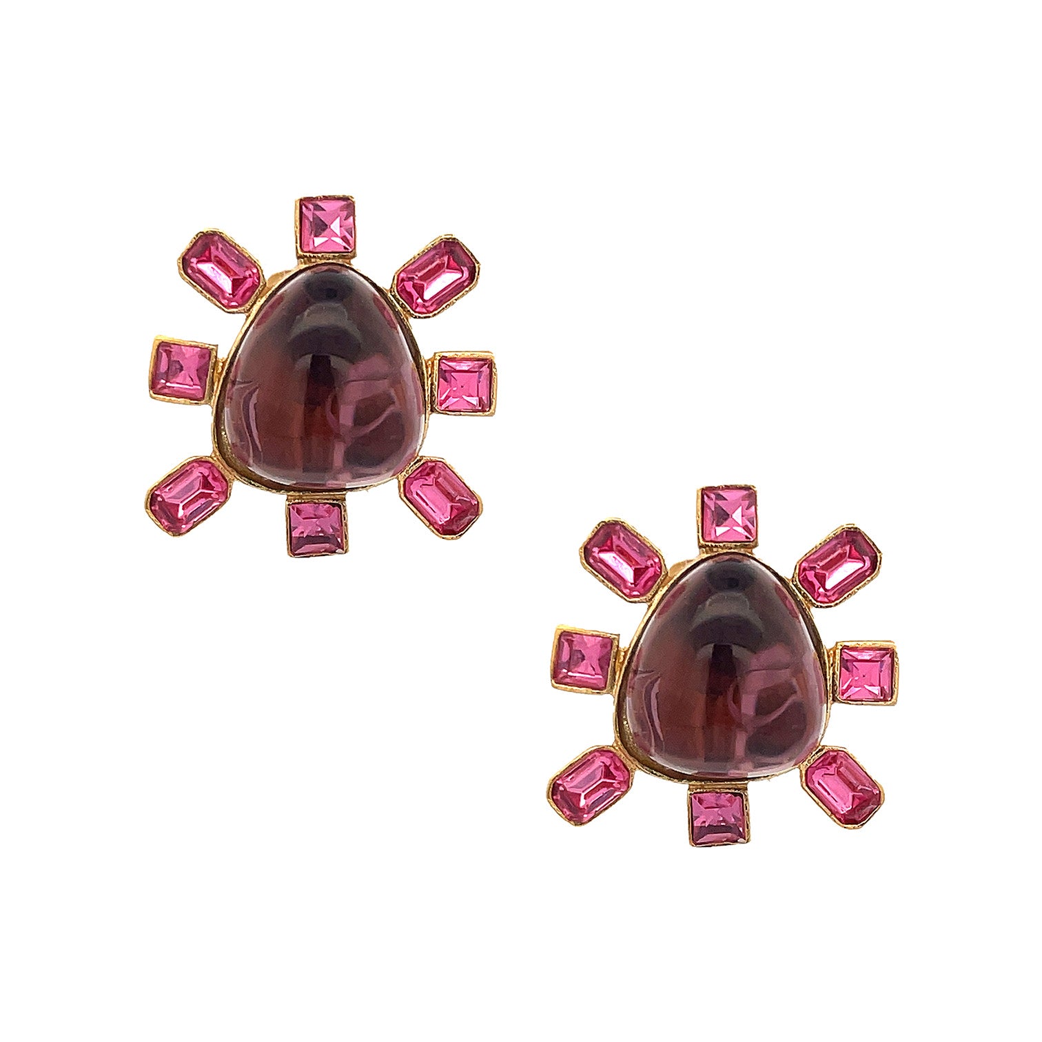 Pink & Purple Organic Shaped Stone Earrings   Yellow Gold Plated 1.14" Length X 1.10" Width