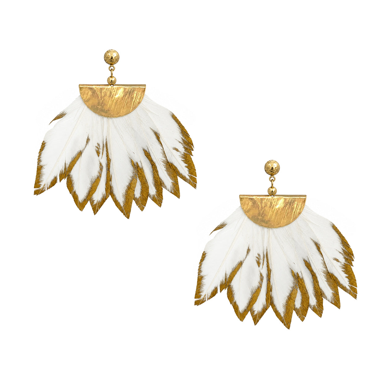A pair of gold and white feather dangle earrings on a solid white background.