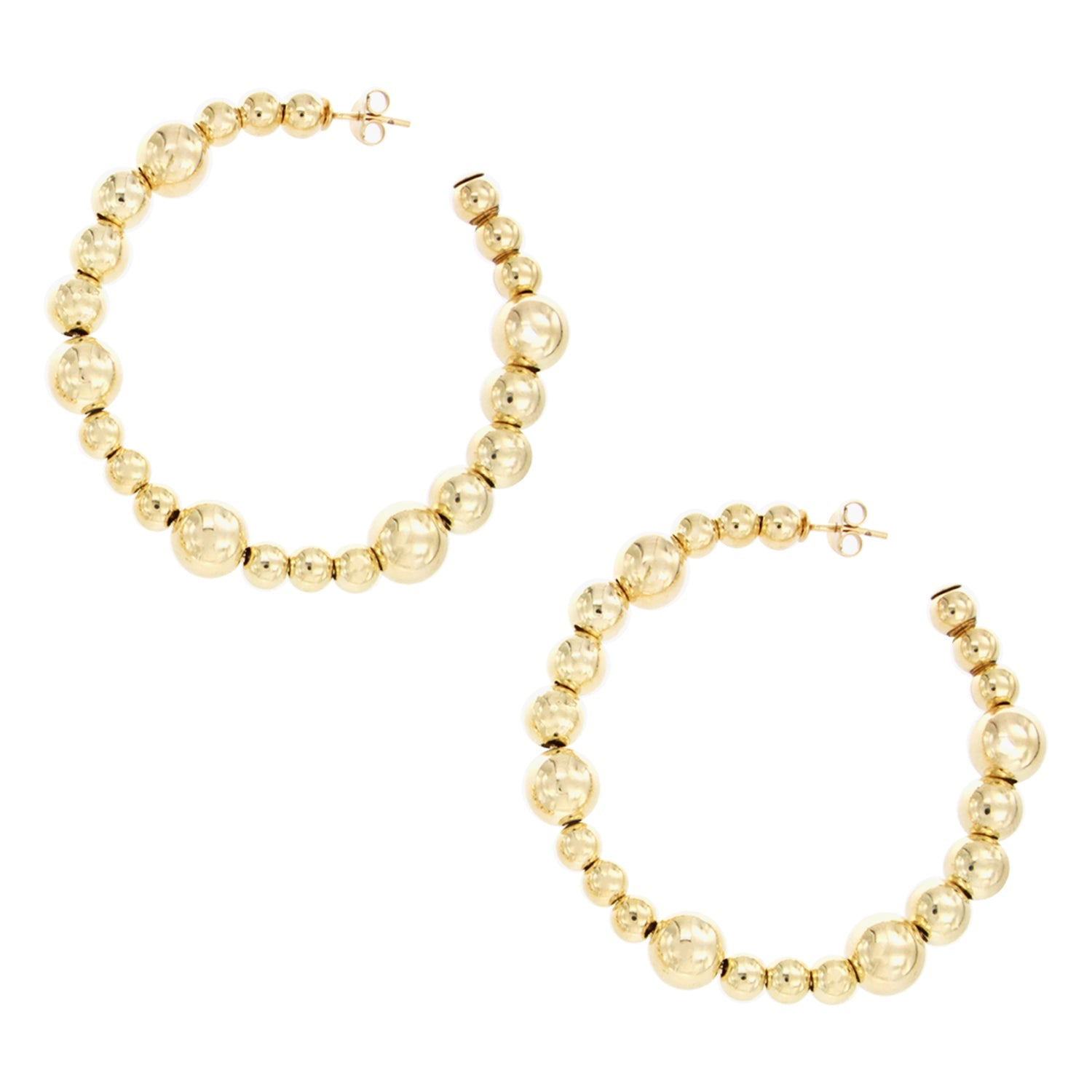 Large Bead Hoop Earrings  Yellow Gold Plated 2.6" Diameter