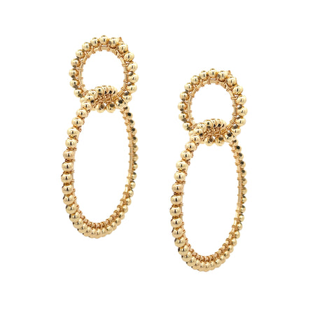 Double Circle Drop Pierced Earrings  Yellow Gold Plated Small Circle: 1.12" Length Large Circle: 2.30" Length 