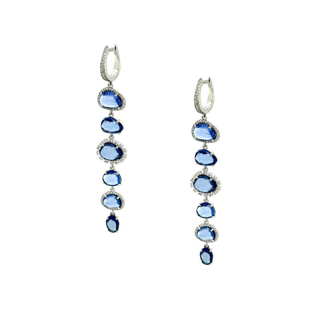 Diamond & Blue Sapphire Drop Earrings   14K White Gold  0.62 Diamond Carat Weight  9.99 Blue Sapphire Carat Weight  2.64" Length X .43" Width  Pierced 