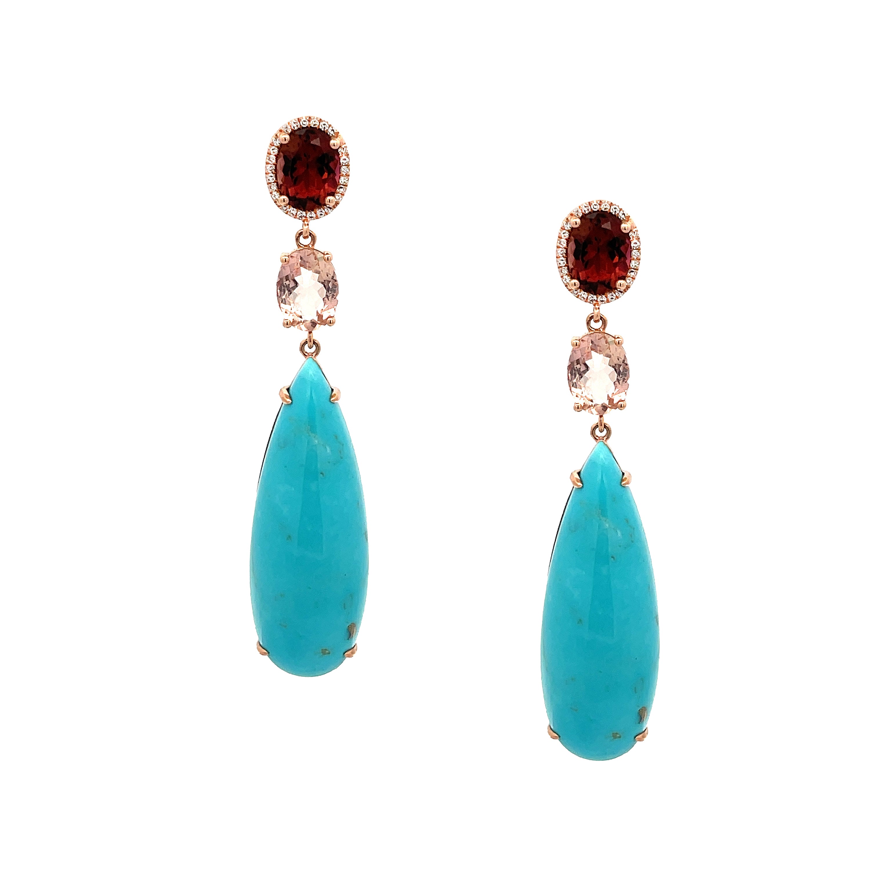 Turquoise, Diamond & Tourmaline Pierced Earrings  14K Yellow Gold  0.13 Diamond Carat Weight 4.46 Tourmaline Carat Weight 32.95 Turquoise Carat Weight 2.18" Long X  0.47" Wide