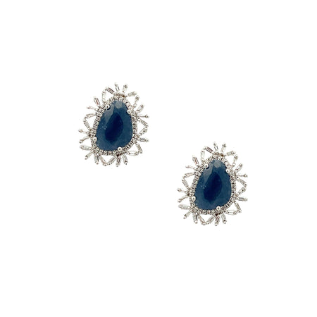 Blue Sapphire & Diamond Baguette Stud Pierced Earrings  14K White Gold 3.85 Sapphire Carat Weight 0.38 Diamond Carat Weight 0.52" Long X 0.65" Wide