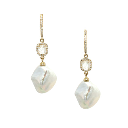 Rosecut Diamond &amp; Baroque Pearl Pierced Earrings  14K Yellow Gold 1.80" Long X 0.63" Wide 0.72 Diamond Carat Weight