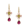 Pink, Green, and Red Tourmaline & Diamond Cross Drop Pierced Earrings  14K Yellow Gold 10.78 Tourmaline Carat Weight 0.50 Diamond Carat Weight 1.90" Long X 0.63" Wide