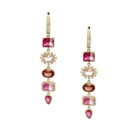 Diamond & Tourmaline 5 Drop Huggie Pierced Earrings  14K Yellow Gold 0.60 Diamond Carat Weight 9.83 Tourmaline Carat Weight 2.44" Long X 0.44" Wide