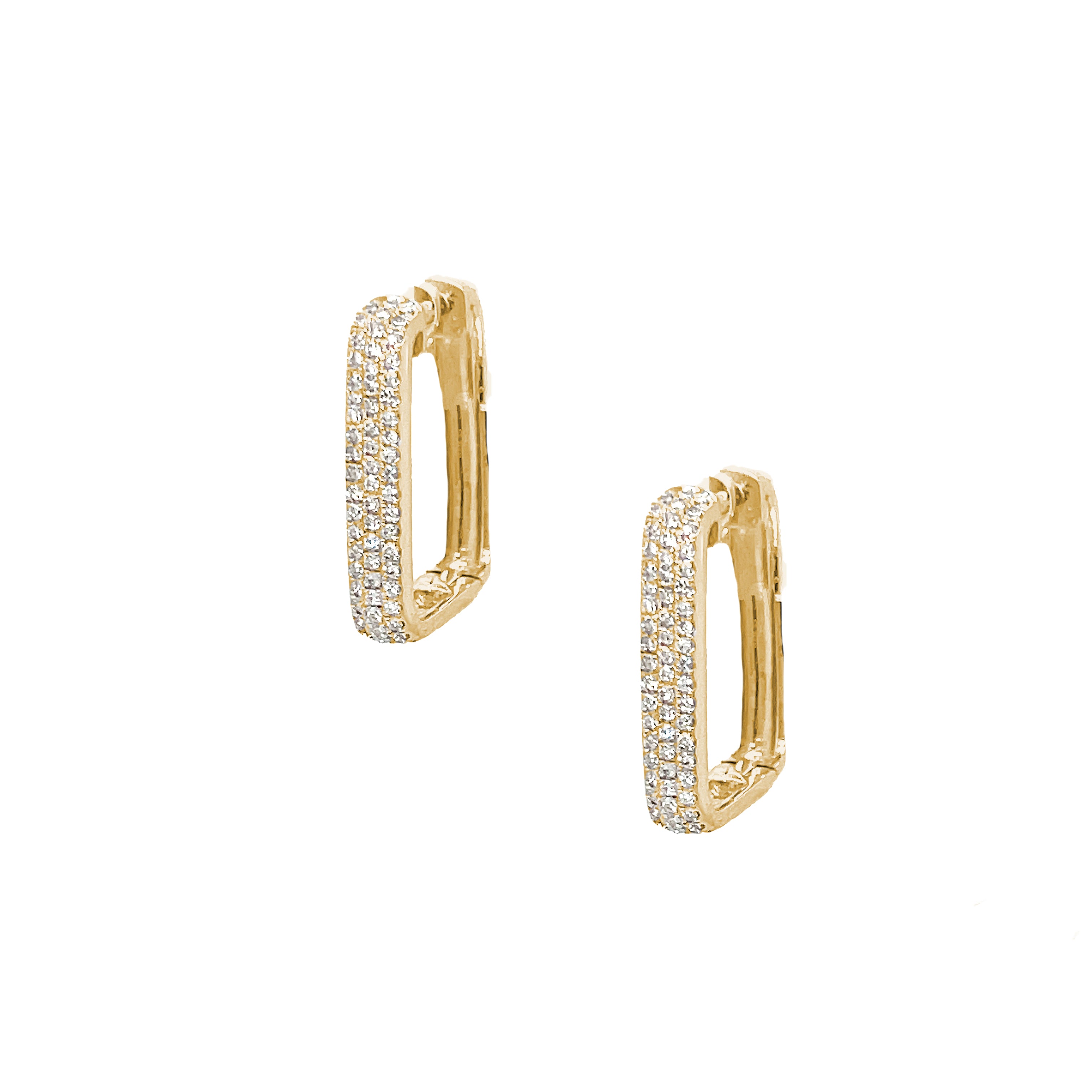 Pave Diamond Rectangle Hoop Pierced Earrings  14K Yellow Gold 0.27 Diamond Carat Weight 0.63" Long X 0.13" Wide