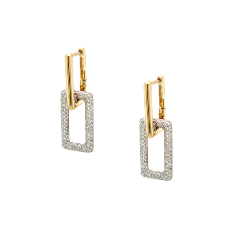 Pave Diamond Square Double Link Pierced Earrings  14K Yellow & White Gold 0.71 Diamond Carat Weight 1.75" Long X 0.04" Wide