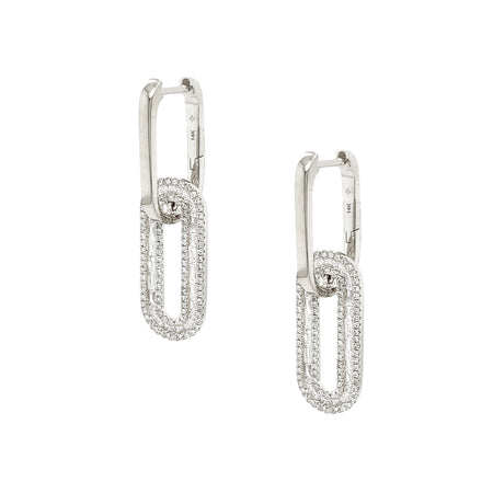 Pave & Baguette Diamond Oval Double Link Pierced Earrings  14K White Gold 0.95 Diamond Carat Weight 1.38" Long X 0.38" Wide