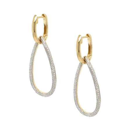 Pave Diamond Pear Link Pierced Earrings  14K Yellow Gold 1.48 Diamond Carat Weight 2.00 Long X 0.80" Wide