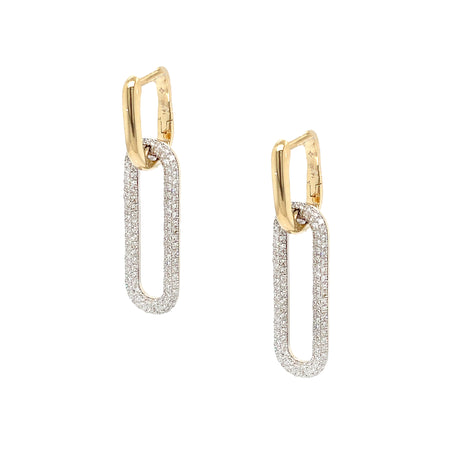 Diamond Pave Oval Link Pierced Earrings  14K Yellow & White Gold 0.85 Diamond Carat Weight 1.25" Long X 0.30" Wide
