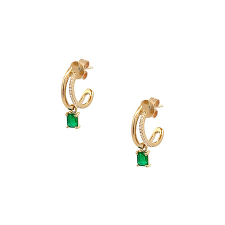 Emerald & Diamond Double Layer Curve Huggie Pierced Earrings  14K Yellow Gold 0.57 Diamond Carat Weight 0.08 Diamond Carat Weight 0.62" Long X 0.13" Wide