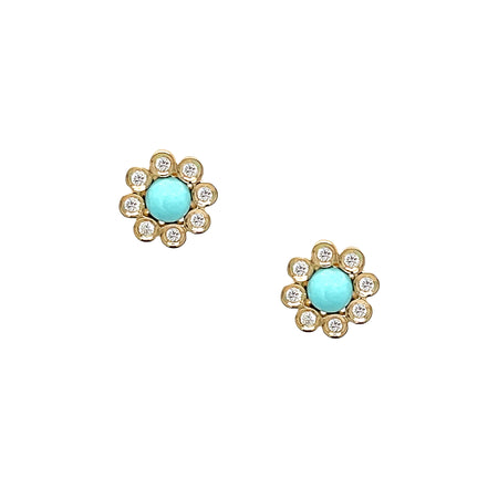 Turquoise & Pave Diamond Flower Stud Pierced Earrings 14K Yellow Gold 0.11 Carat Diamond 0.38 Carat Turquoise 0.50" Diameter