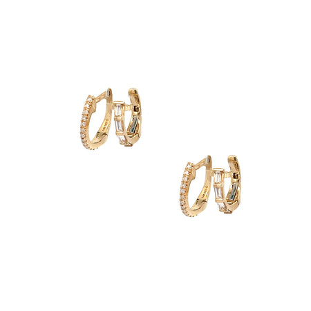 Pave & Baguette Diamond Two Layer Curved Huggie Pieced Earrings  14K Yellow Gold 0.22 Diamond Carat Weight 0.25" Long X 0.25" Wide