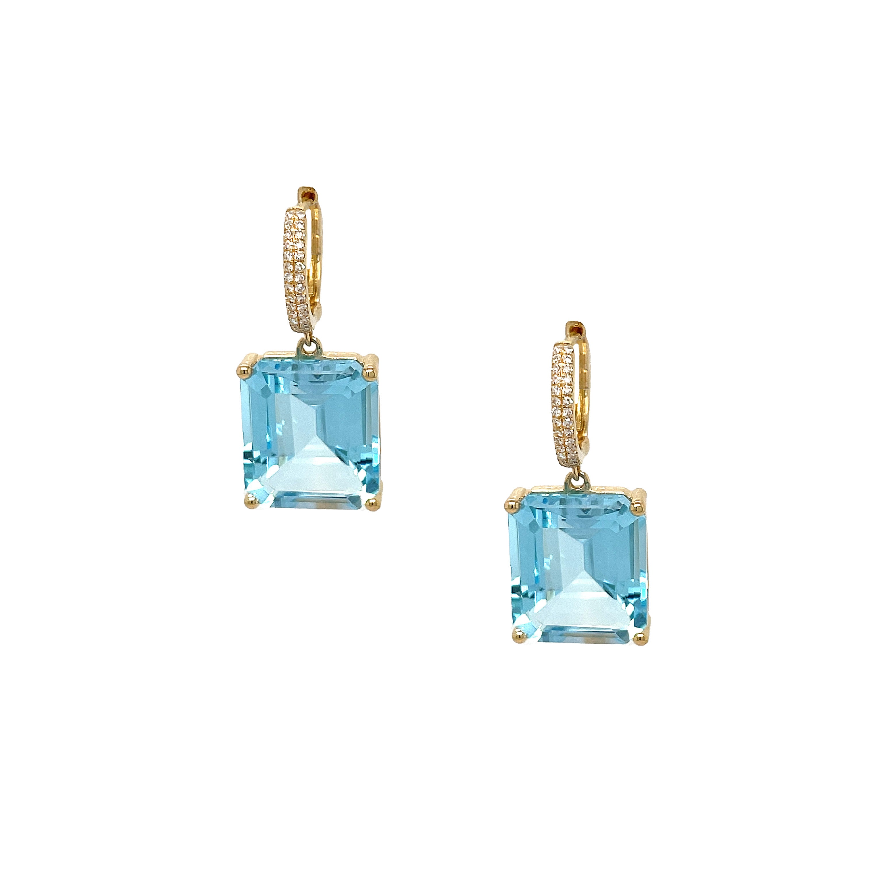 Diamond &amp; Blue Topaz Pierced Earrings  14K Yellow Gold  0.14 Diamond Carat Weight  1.10" Long X 0.47" Wide