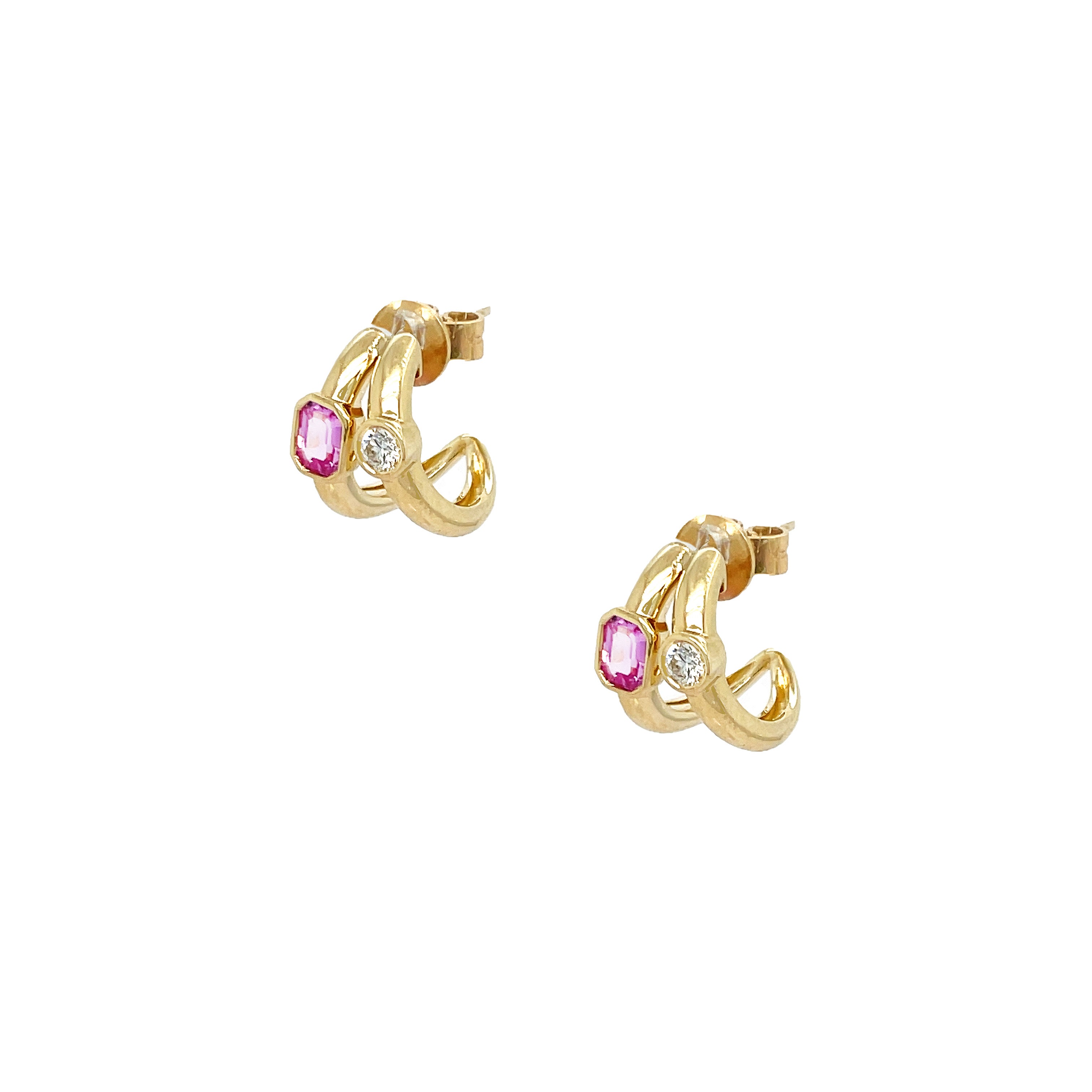 Diamond &amp; Pink Sapphire Huggie Earrings  14K Yellow Gold  0.13 Diamond Carat Weight 0.50 Pink Sapphire Carat Weight 0.48" Long X 0.33" Wide