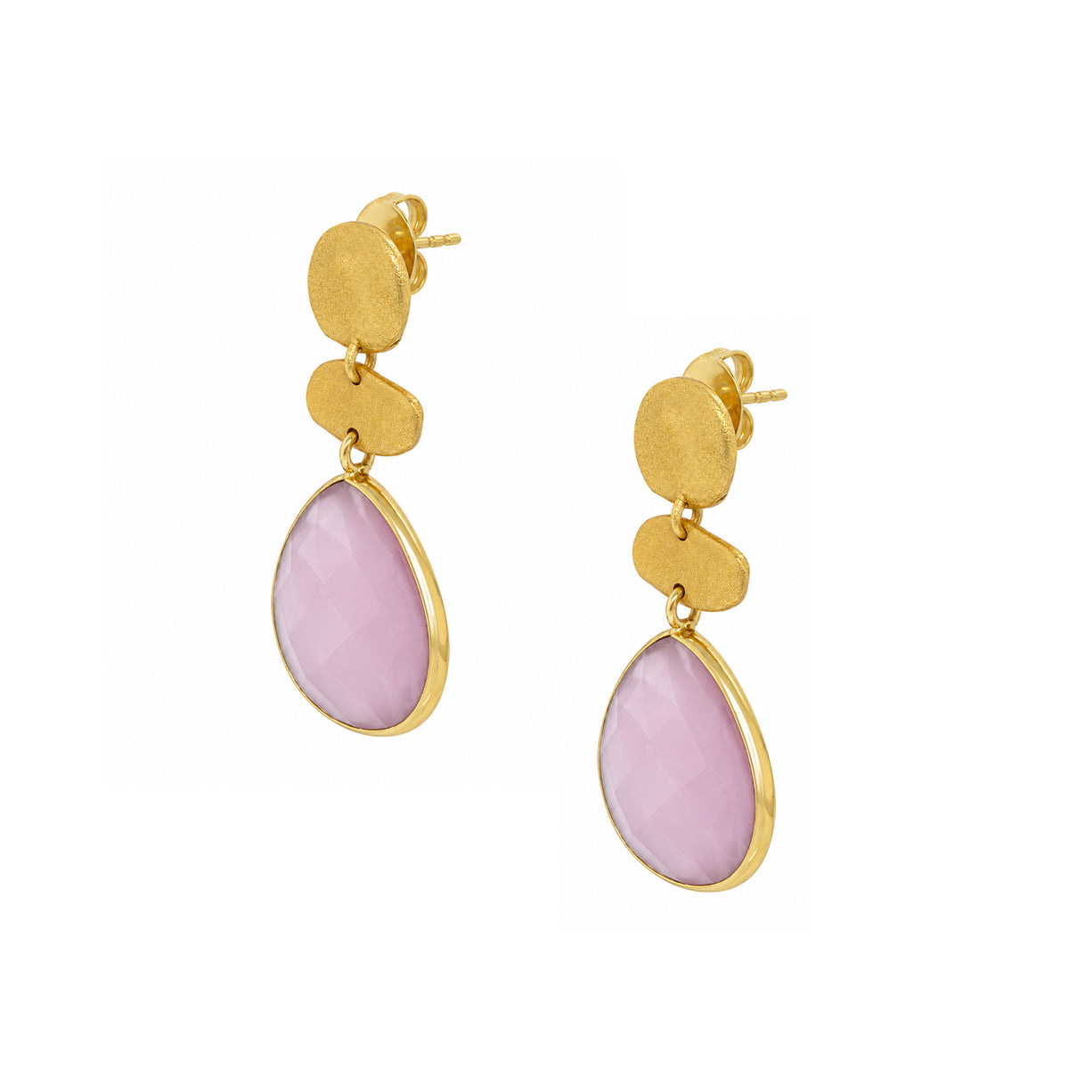 Three Drop Pink Tear Pierced Earrings

Yellow Gold Plated
1.65" Long X 0.84" Wide