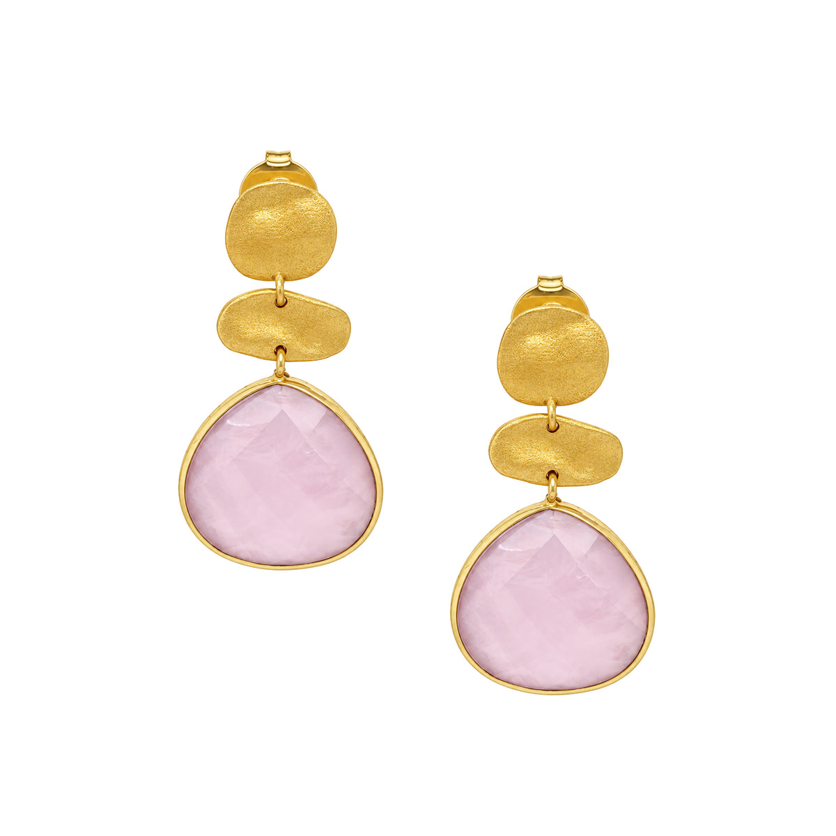 Three Drop Pink Tear Pierced Earrings

Yellow Gold Plated
1.65" Long X 0.84" Wide