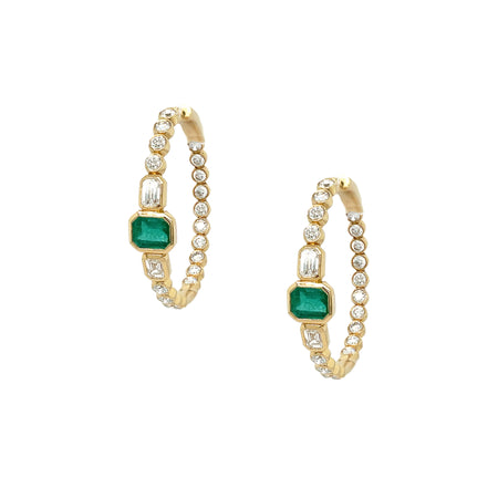 Diamond & Emerald Hoop Pierced Earrings   14K Yellow Gold 3.35 Diamond Carat Weight  2.35 Emerald Carat Weight