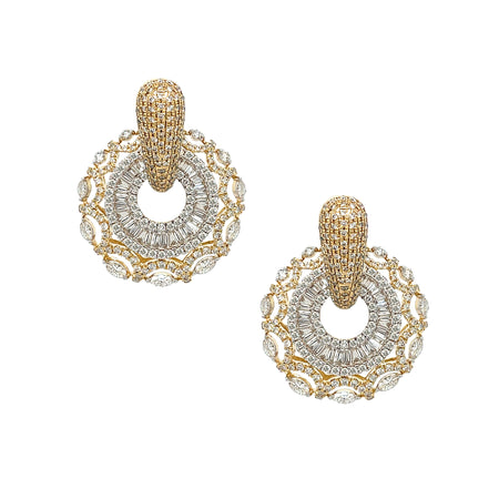Baguette & Marquee Diamond Drop Pierced Earrings  14K Yellow Gold 3.88 Diamond Carat Weight