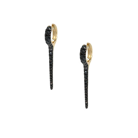 Black Diamond Spike Pierced Huggie Earrings  14K Yellow Gold 1 Carat Diamond Weight 1.43" Long