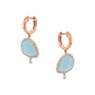 Diamond & Milky Aqua Drop Huggie Pierced Earrings  14K Rose Gold 1.12" Long X 0.55" Wide