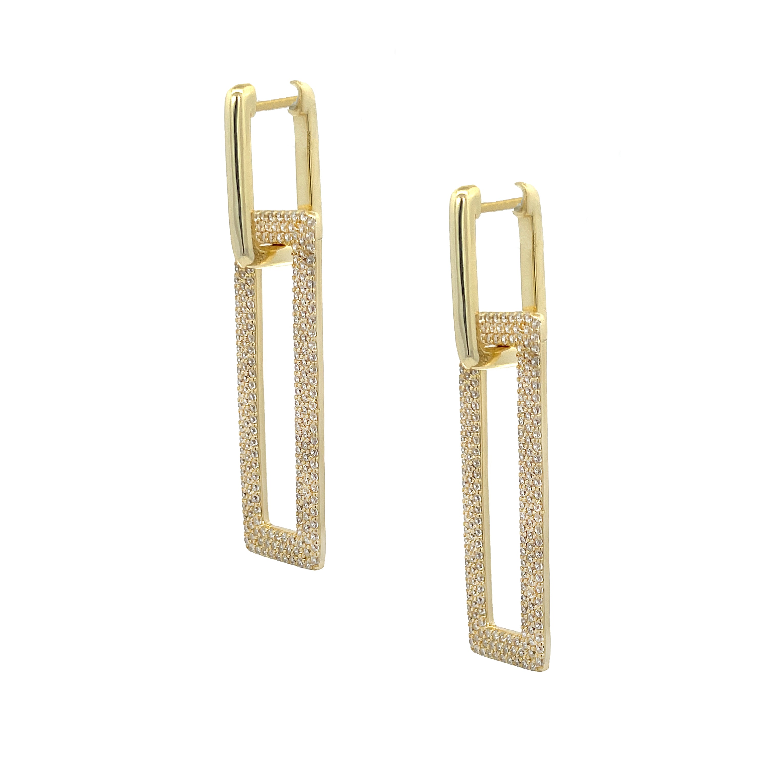 CZ Open Rectangle Link Pierced Earrings Yellow Gold Plated 1.78" Long X 0.48" Wide