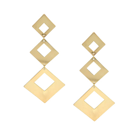 <p>Triple Diamond Shape Drop Pierced Earrings</p> <ul> <li>Yellow Gold Plated</li> <li>3.60" Long X 1.65" Wide</li> </ul>