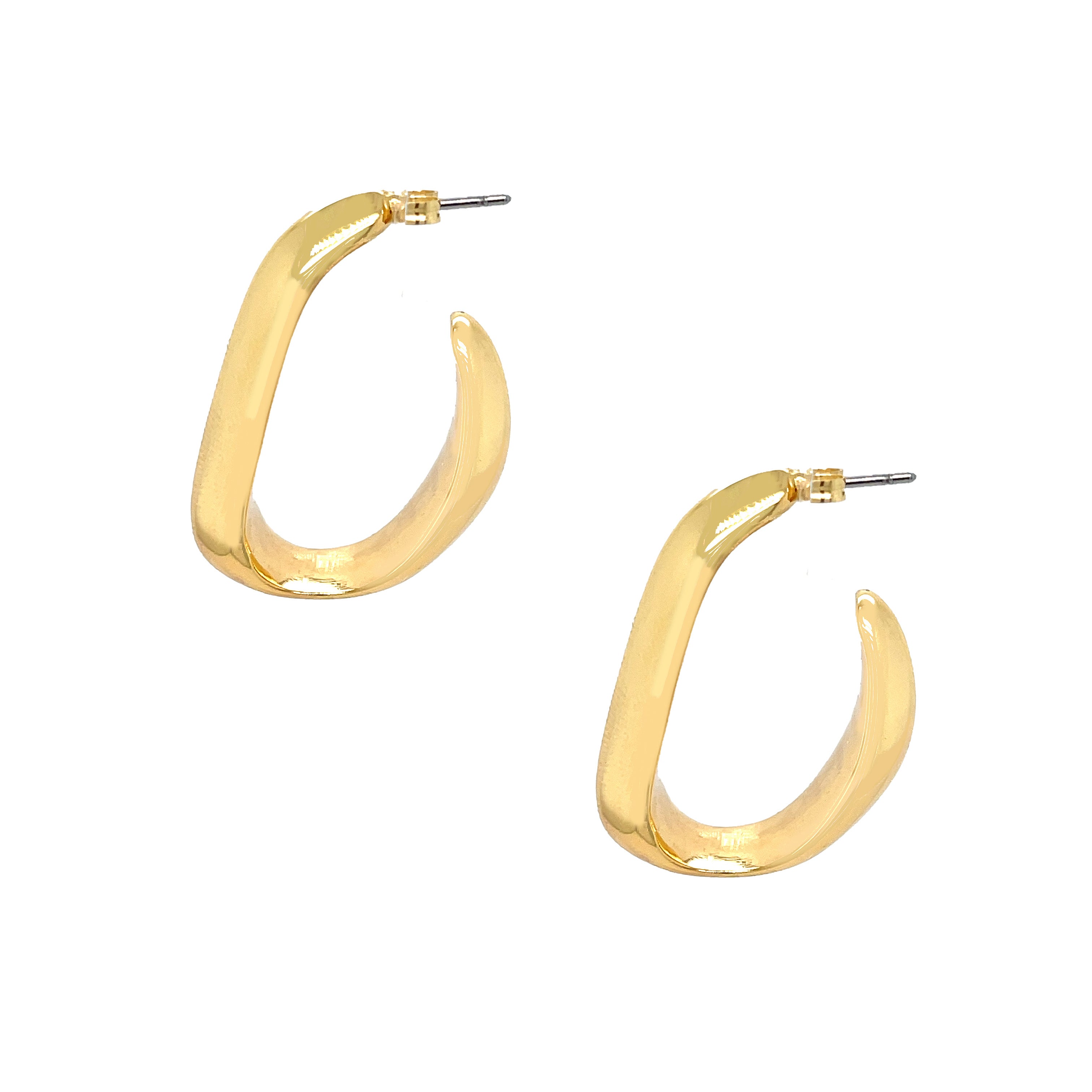 <p>Thick Curved Open Hoop Pierced Earrings</p> <ul> <li>Yellow Gold Plated</li> <li>1.10" Long X 0.36" Wide</li> </ul>