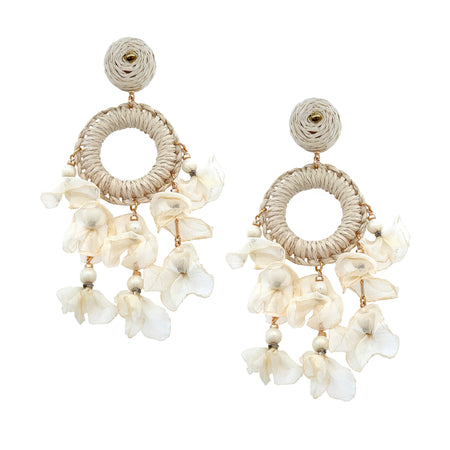 White Fabric Flower Drop Earrings  Yellow Gold Plated 7.0" Long X 1.75" Wide